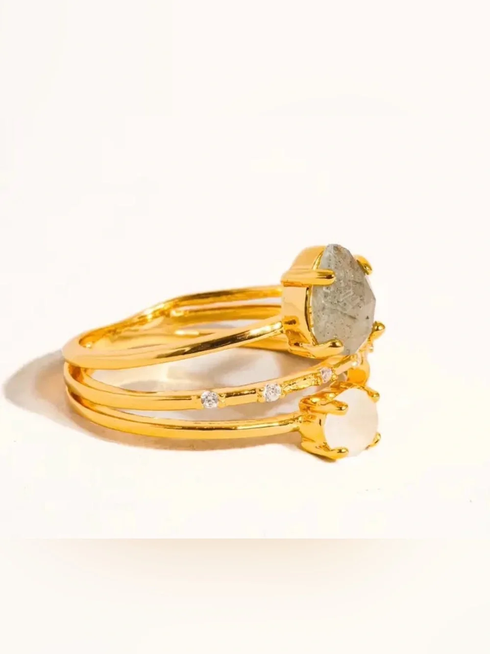Gold-Plated Triple Stacking Ring Set with Grey Teardrop and White Round Stones